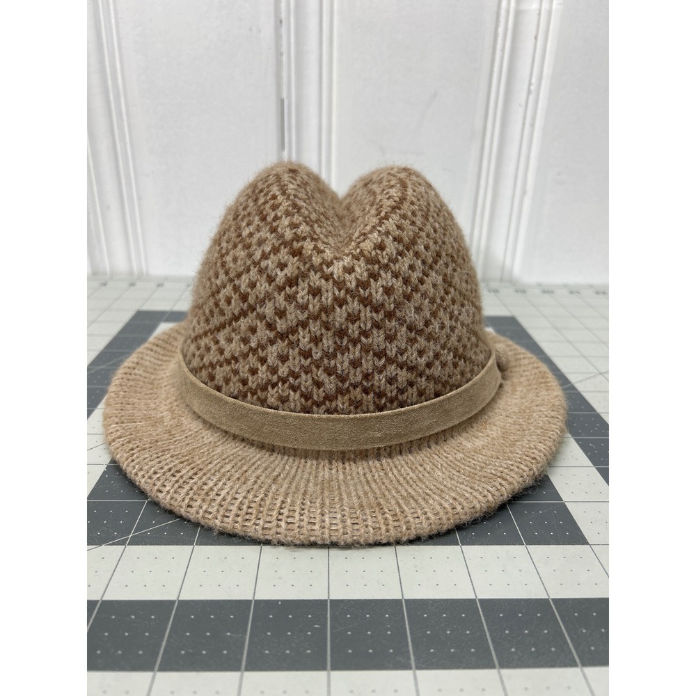 Vintage Hansen Beige Brown Diamond Knit Fedora Hat Unisex Textured Trilby Retro